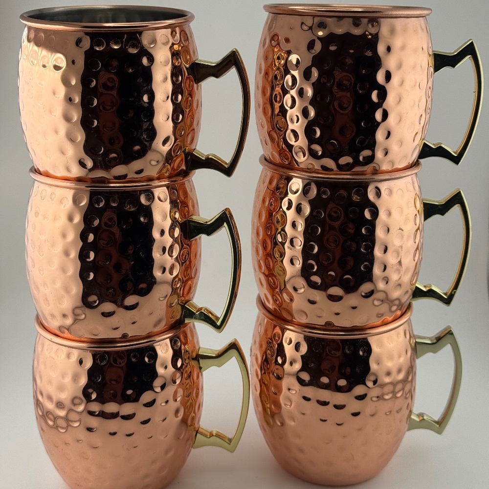 Set 6 Hammered Copper Moscow Mule Mugs Brass Handles 3.5" x 3.5" Barware Cups